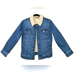 Brand New W/O Tags Boys Denim/Sherpa lined Trucker Winter Jacket blue/tan stitch